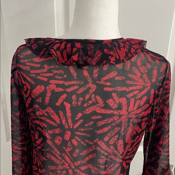 Simon Chang Red & Black Swim Coverup Ruffled Collar Self Tie 3/4 Sleeves Size M - Picture 7 of 11